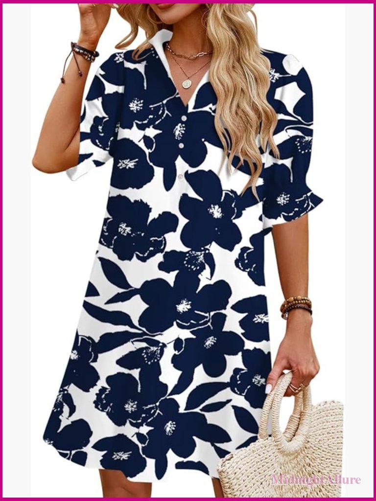 Ruffle Short Sleeve Button Down Flowy Swing Shift Mini Dress